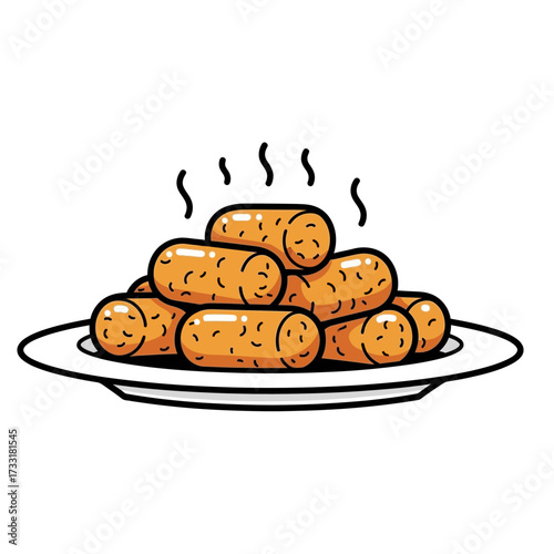 Charming Cartoon Spanish Croquetas Plate, Hand-Drawn Bold Line Art Illustration, Fried Tapas Icon