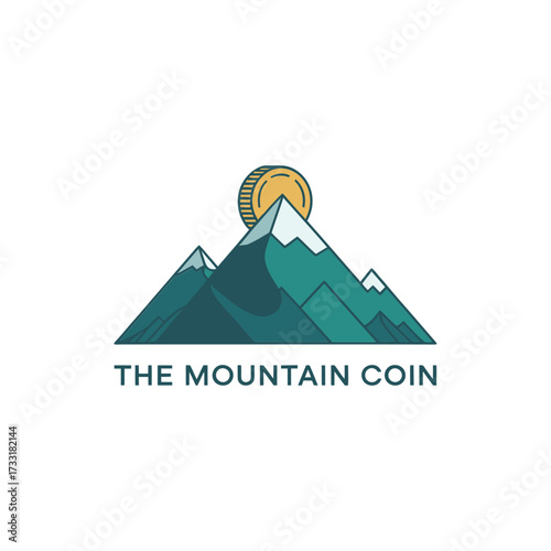 Alpine landscape logo, blue mountain range with rising sun disc, exploration identity, nature tourism branding, clean vector icon