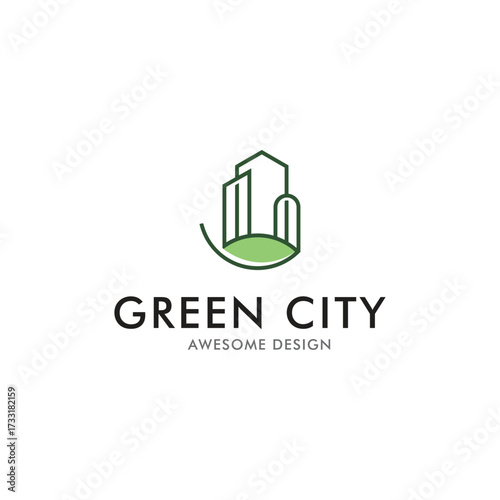 Green city logo design, building icon, Real estate line art sign and symbol vector illustration