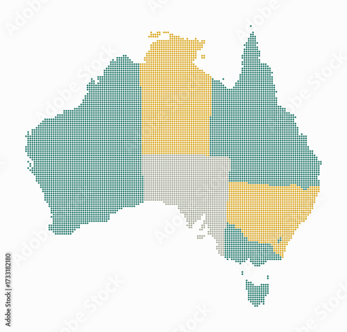 Australia dotted map. Digital style map of the country on white background. Australia shape with circle dots. Colored dots style. Small size circles. Vibrant vector illustration.