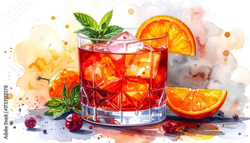 Artistic rendering of a refreshing cocktail with ice, orange garnish, and mint leaves, set against colorful watercolor background