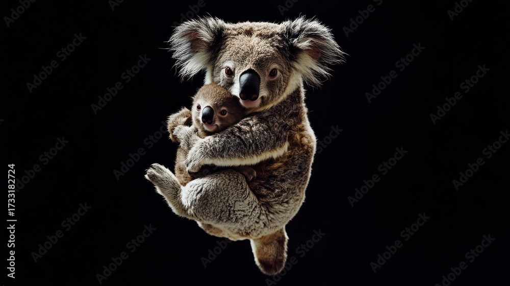 Obraz premium Koala bear embracing cub against black background wildlife portrait
