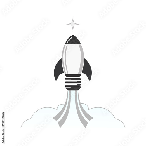 Retro rocket ship logo, launching from clouds, exploration badge, aerospace startup branding, clean modern design, vector icon
