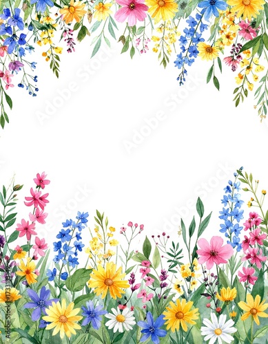 A delicate watercolor floral border vector featuring vibrant blooms in soft pastel hues, intertwined with lush green leaves, perfect for invitations or decor.
