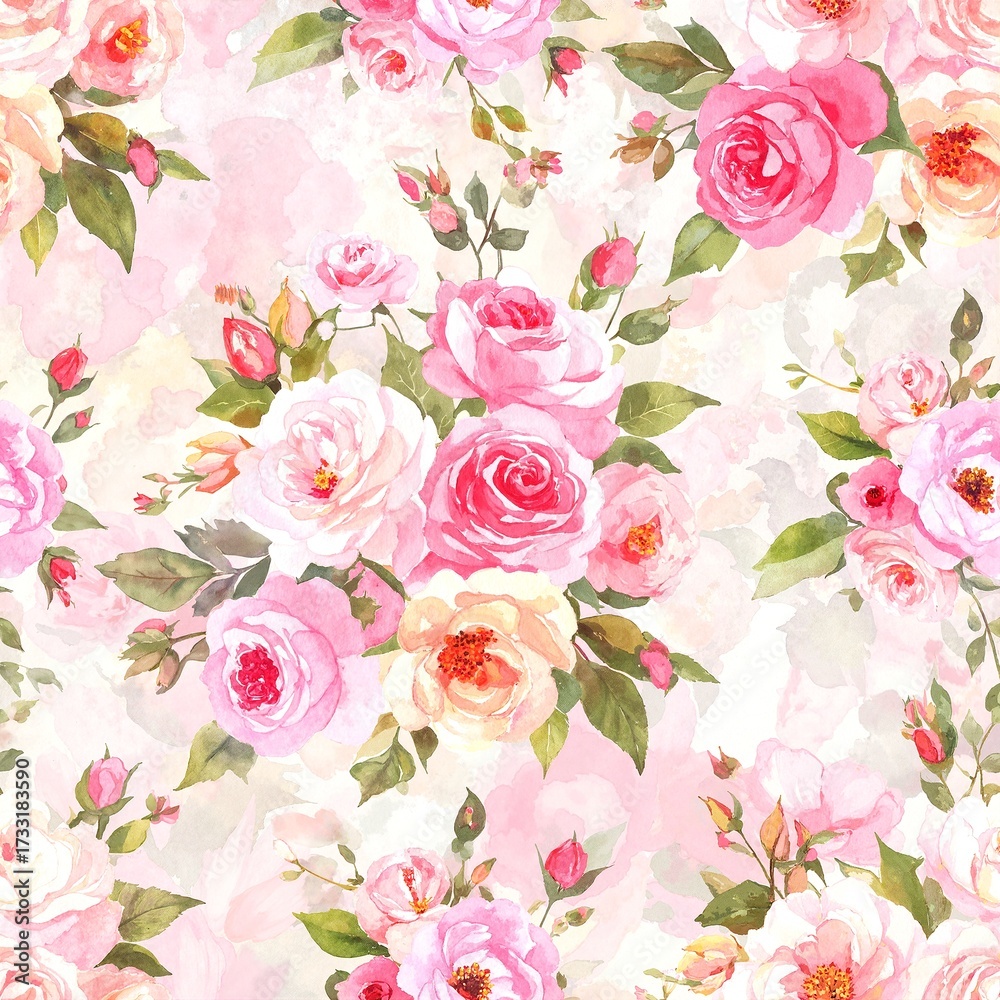 Fototapeta premium A vibrant seamless pattern featuring delicate watercolor roses in various shades of pink and red, intertwined with lush green leaves, perfect for textiles.