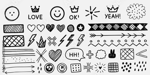 Collection of hand drawn doodle elements including hearts smiles crowns lightning bolts arrows and text bubbles