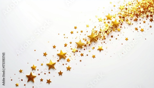 Golden stars and specks, flowing diagonally on a white background