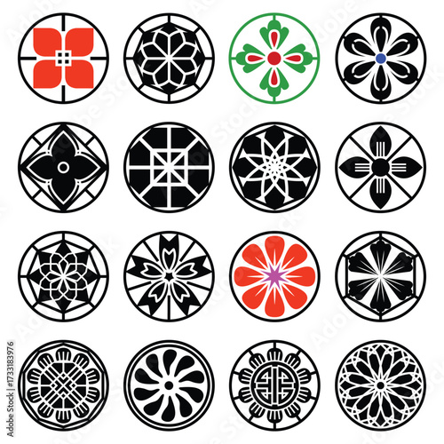Set of sixteen traditional Japanese Kamon family crests in circular geometric designs, featuring floral, abstract, and ornamental motifs, perfect for culture, design, and branding projects.