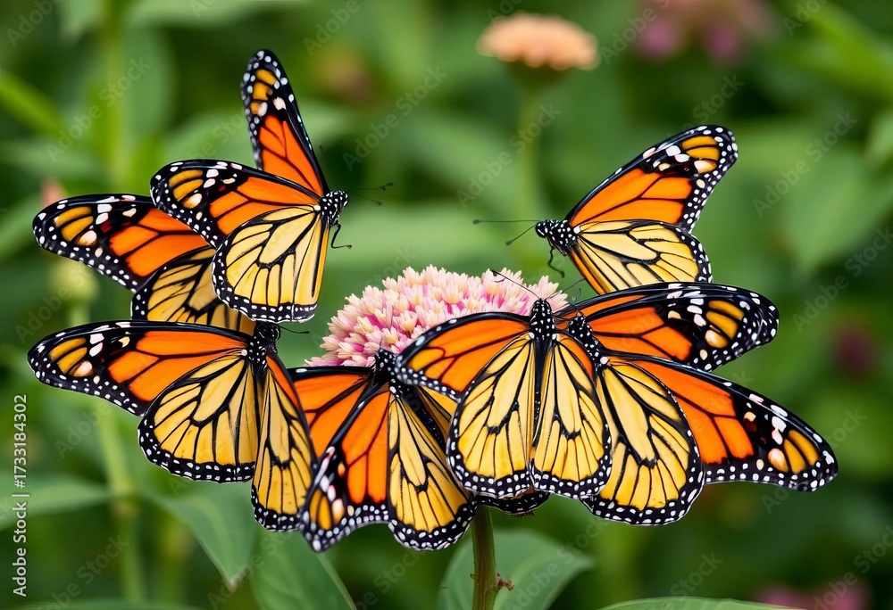 Fototapeta premium Six monarch butterflies clustered on a milkweed plant, wings outstretched, macro, nature