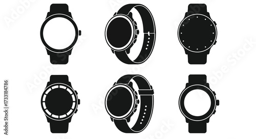 Black and white illustrations of smartwatches in various perspectives and views