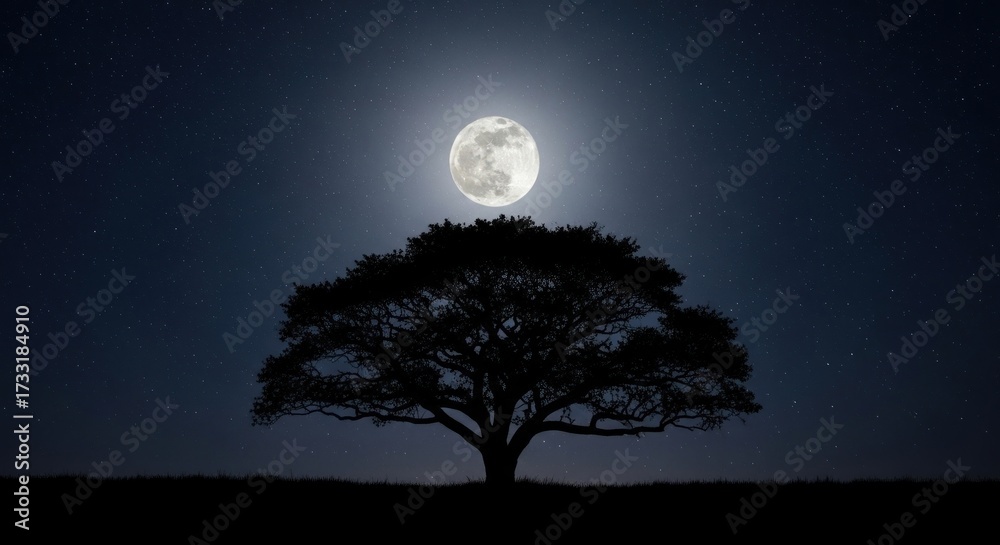 Fototapeta premium A solitary tree stands against a starry night sky, with the full moon illuminating its silhouette.