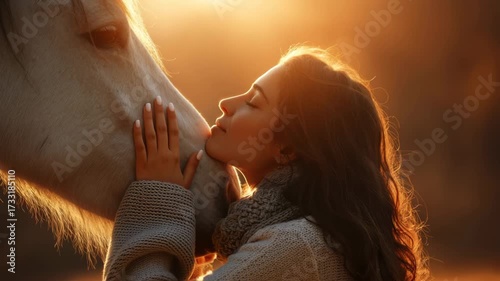 Gentle connection and calm affection between woman and horse at warm sunset, expressing deep gratitude and peaceful bond in natural light