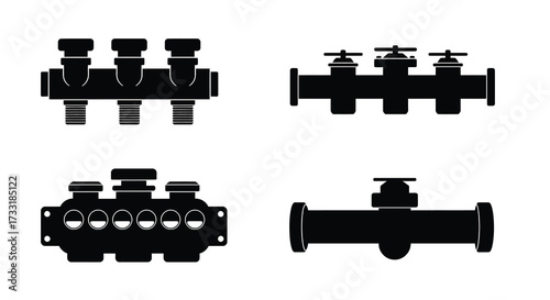 Black silhouette icons depicting various industrial valve and pipe configurations