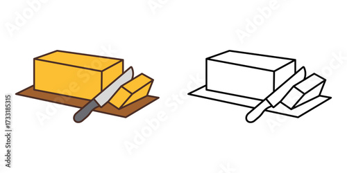 Butter stick slice with knife cutting block, ideal for cooking design, recipe graphics, dairy illustrations, and kitchen elements.
