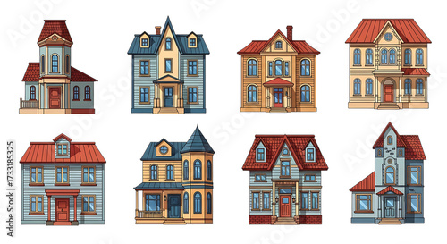 Collection of eight intricately detailed victorian style houses with unique architectural features isolated on white background