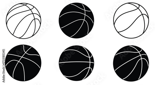 Simple black and white illustrations of basketballs in varied designs