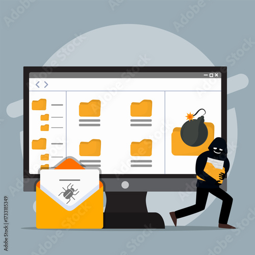 Illustration of hacker stealing data from computer folders with bug and malware attack on email. Concept of cybercrime, data breach, and online security threat.