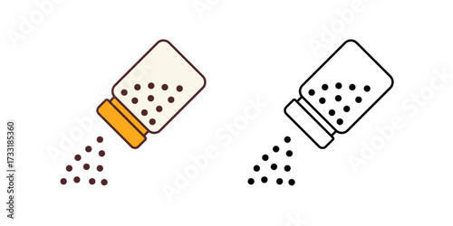 Spice jar sprinkle with tilted jar and falling dots, perfect for cooking graphics, recipe apps, food design, and kitchen illustrations.