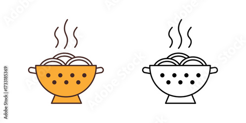 Pasta strainer with noodles and steam, perfect for cooking graphics, recipe illustrations, kitchen design, and culinary app elements.