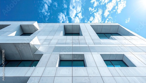 Abstract Glass Facade Reflecting Blue Sky and White Clouds with Horizontal Lines Under Bright Sunlight Building Architecture
