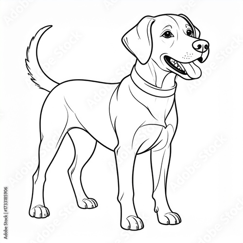 Line drawing of a happy dog standing, with a collar, tail curled, and tongue out.