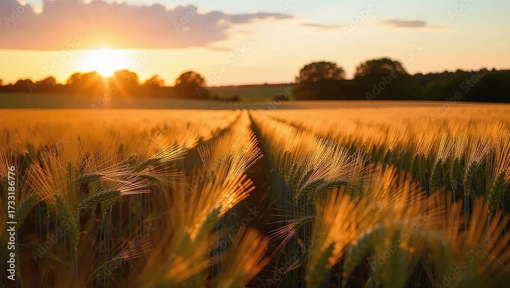 Fototapeta premium Golden Hour Sunlight Illuminates Wheat Field at Sunset, Creating