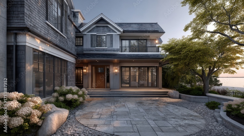 Obraz premium Modern house facade blending traditional and contemporary architecture, gray exterior with shingles, bay window balcony,