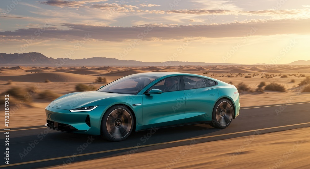 Fototapeta premium Electric vehicle driving along a desert road with sunlight and copy space for advertising purposes