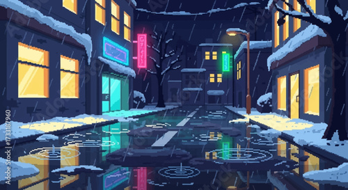 Empty city street at night during winter with snow and reflections.