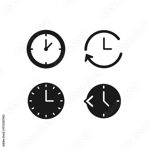 Four stylized clock icons showing reload, reset, and circular time flow, with different symbols.