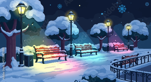 Empty park benches covered in snow under glowing streetlights at night.