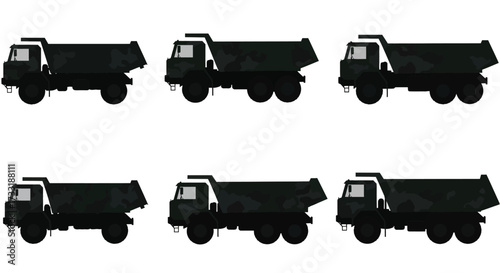 Six black silhouettes of dump trucks arranged in a grid pattern