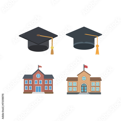 Vector set of education and school icons, including graduation caps and buildings, ideal for academic branding, learning apps, and educational projects.
