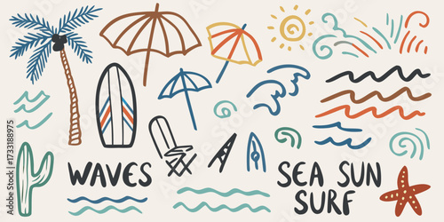 Hand drawn beach elements and text including palm tree surfboard sun waves and umbrellas