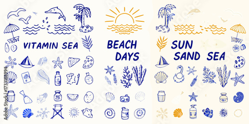 Collection of hand drawn summer beach vacation icons and text elements in blue and yellow