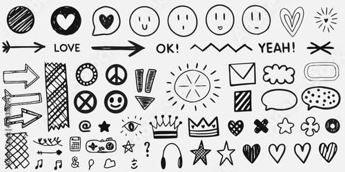 Collection of hand drawn doodle icons and symbols for design projects and creative expression