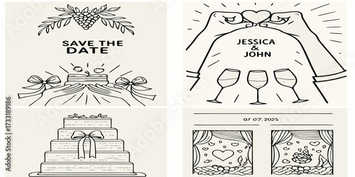 Set of four minimalist line art wedding invitation elements including save the date cake wine glasses and wedding cake