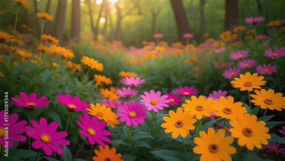 Fototapeta premium Vibrant Wildflower Meadow in a Forest with Golden Sunlight and C