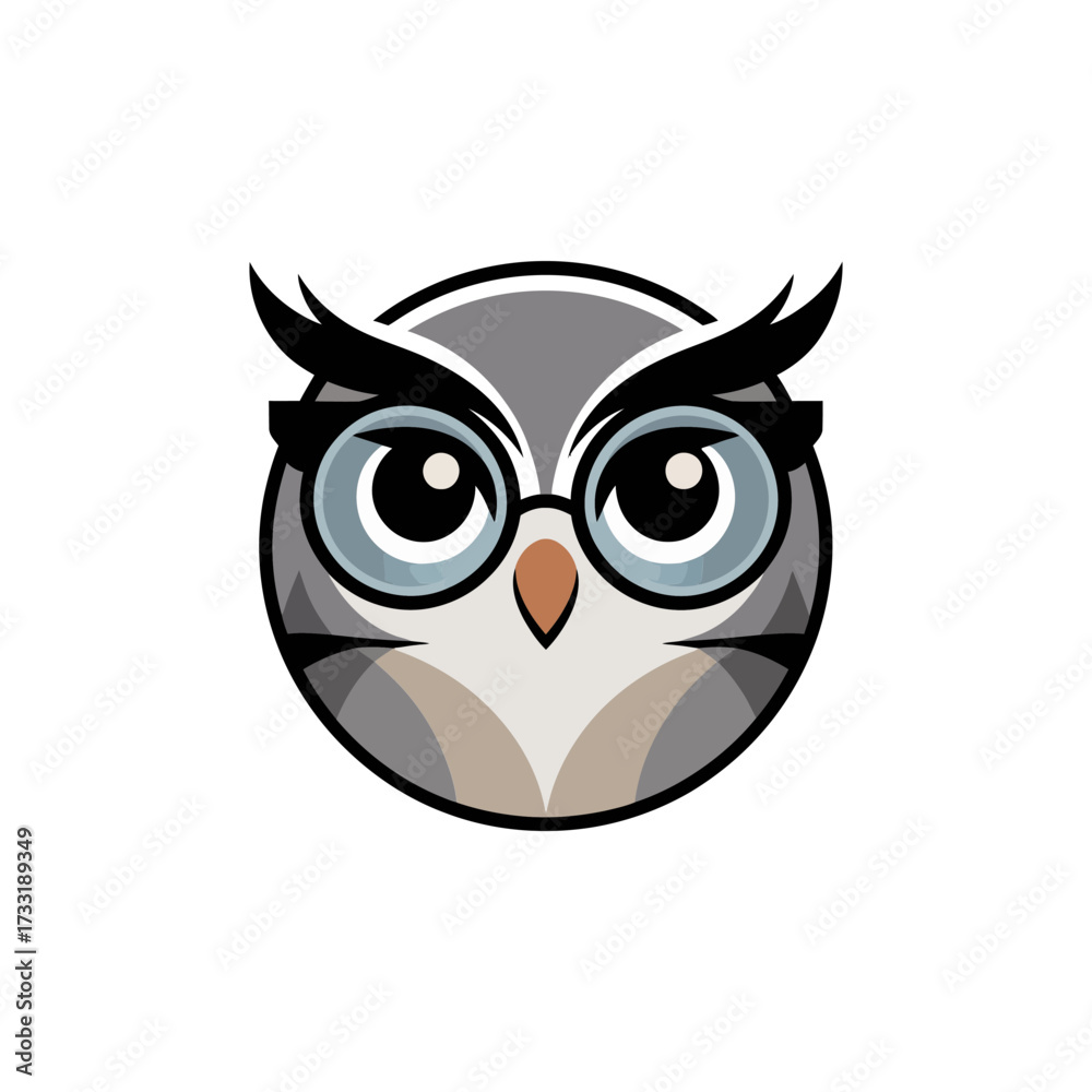Naklejka premium Owl head mascot, wise bird face logo, sharp eyes detail, intelligence brand identity, modern vector illustration
