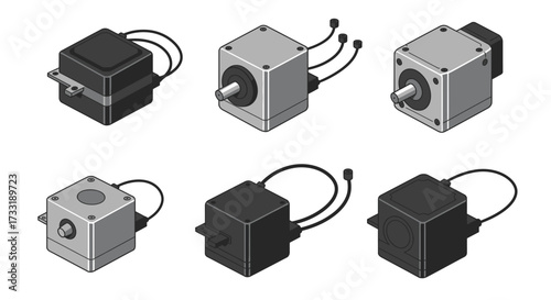 Isometric view of six industrial gearboxes with wiring and mounting features