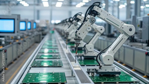 Wallpaper Mural Wide Shot of Robotic Arms Assembling Circuit Boards on Modern Microelectronics Production Line Torontodigital.ca