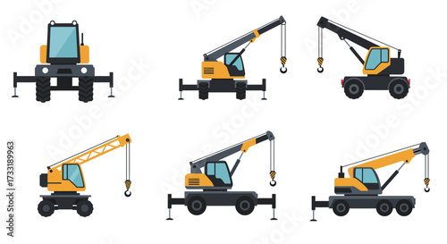 Illustrative set of various mobile cranes in different perspectives and angles