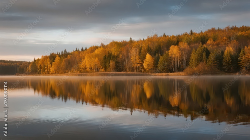 Fototapeta premium In autumn, the lake reflects the colorful trees on the shore, forming a quiet and beautiful natural picture.
