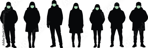 Silhouette group of people wearing protective medical face masks, standing together outdoors, health safety, pandemic prevention, coronavirus protection illustrationSilhouette group of people 