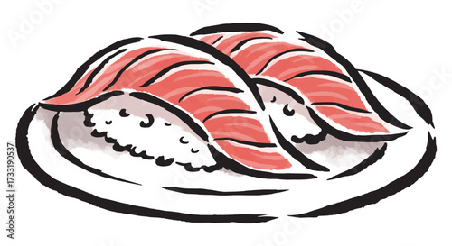 皿に盛った寿司のトロ（2貫）　筆タッチ手描きイラスト