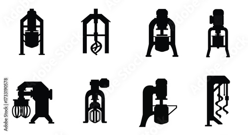 Collection of vintage industrial machinery and equipment black silhouette icons