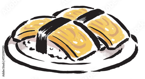 皿に盛った寿司のたまご（2貫）　筆タッチ手描きイラスト