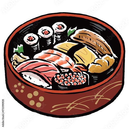 小さめの寿司桶に盛りつけられた寿司　筆タッチ手描きイラスト