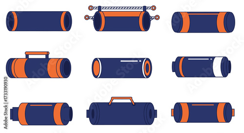 Collection of cylindrical duffel bags in various styles and colors