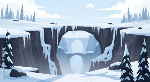 Frozen ice cave entrance in a snowy winter landscape.